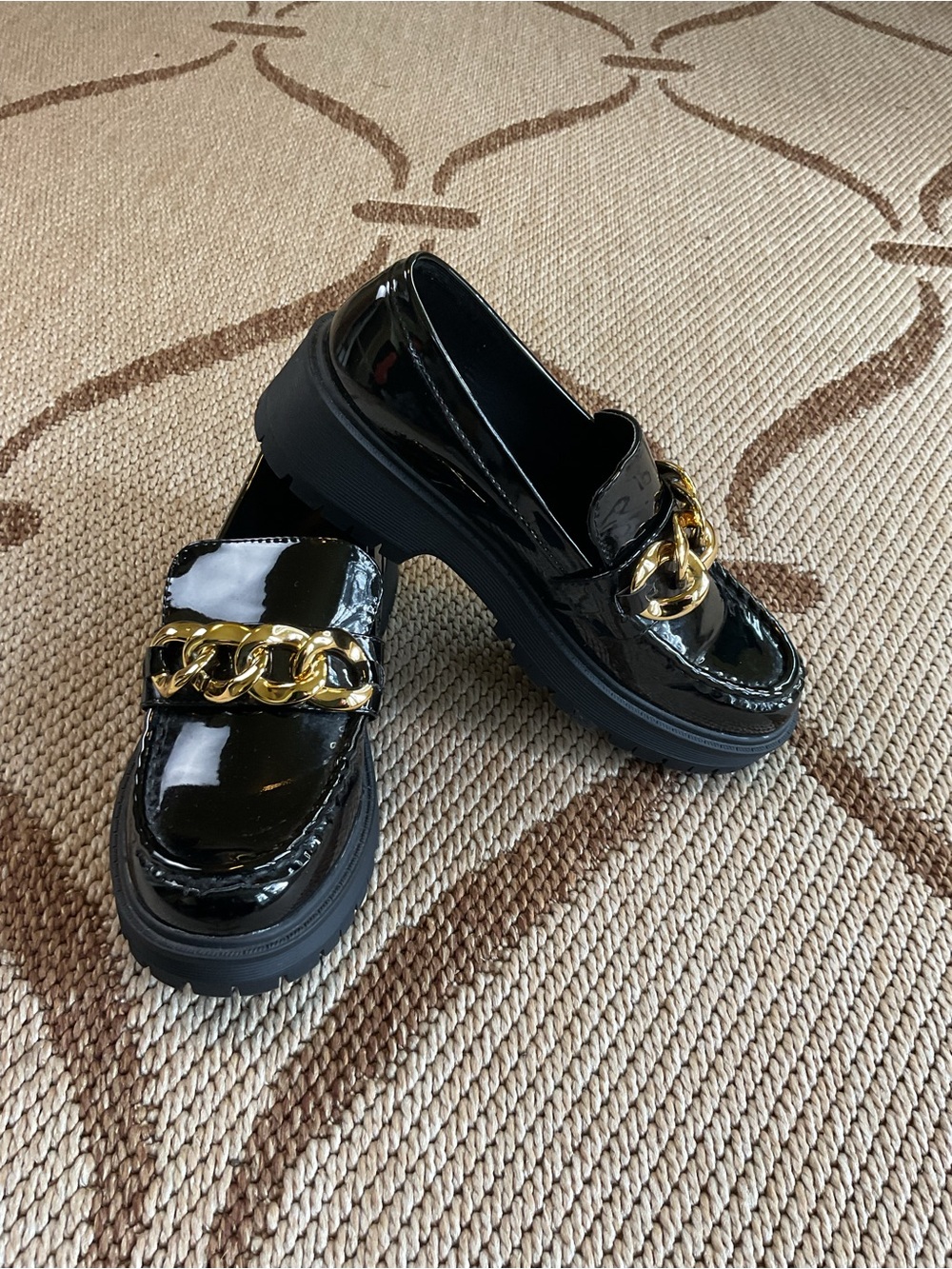 Forever 21 Black Patent Loafers with Gold Chain Accent